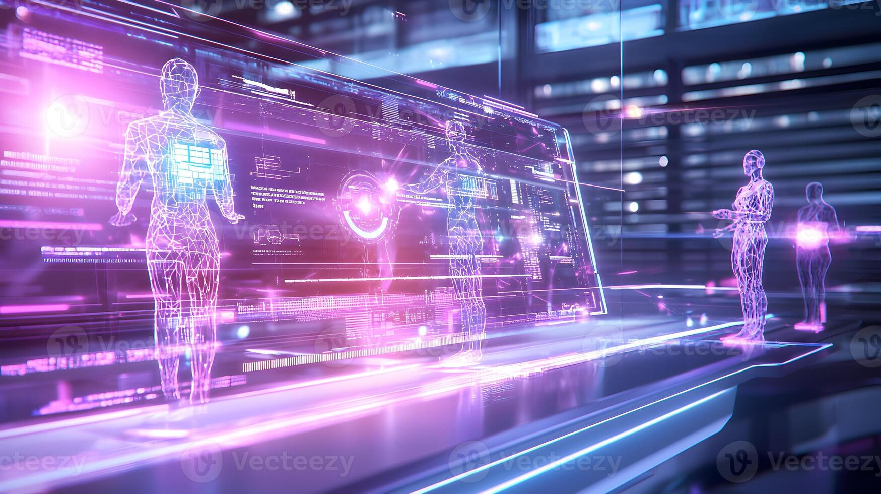 A computer screen shows three people in a futuristic setting photo