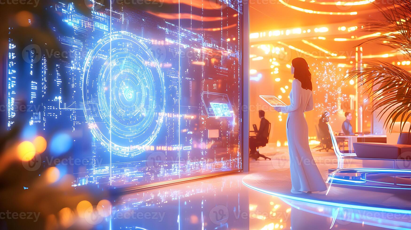 A computer screen shows three people in a futuristic setting photo