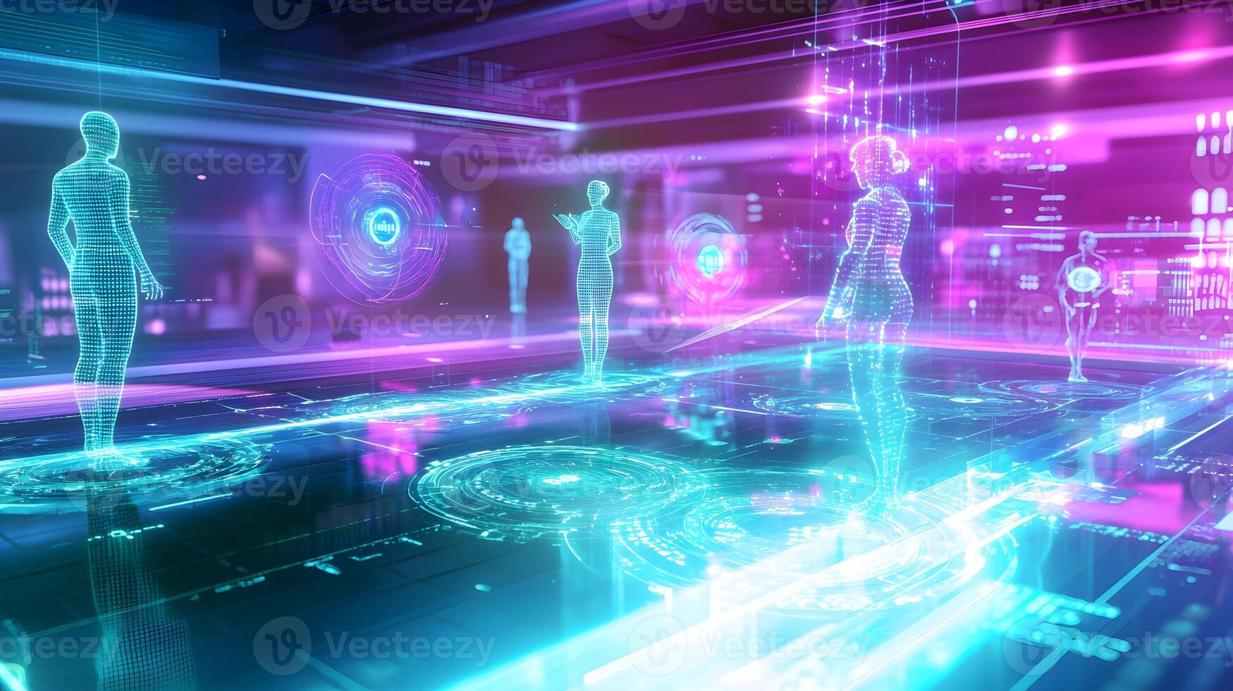 A computer screen shows three people in a futuristic setting photo