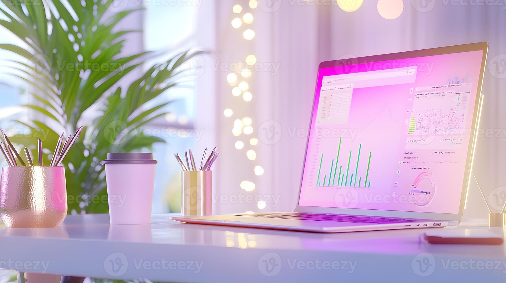 A computer monitor with a pink background and a man in the foreground photo