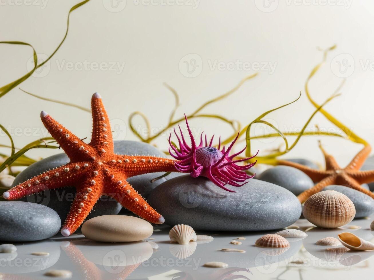 Colorful sea creatures resting on smooth pebbles. photo