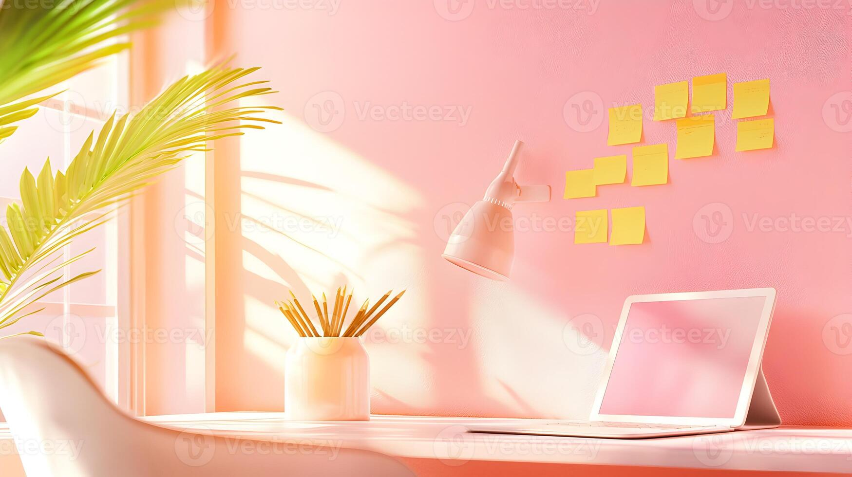 A white desk with a pink chair and a white computer photo
