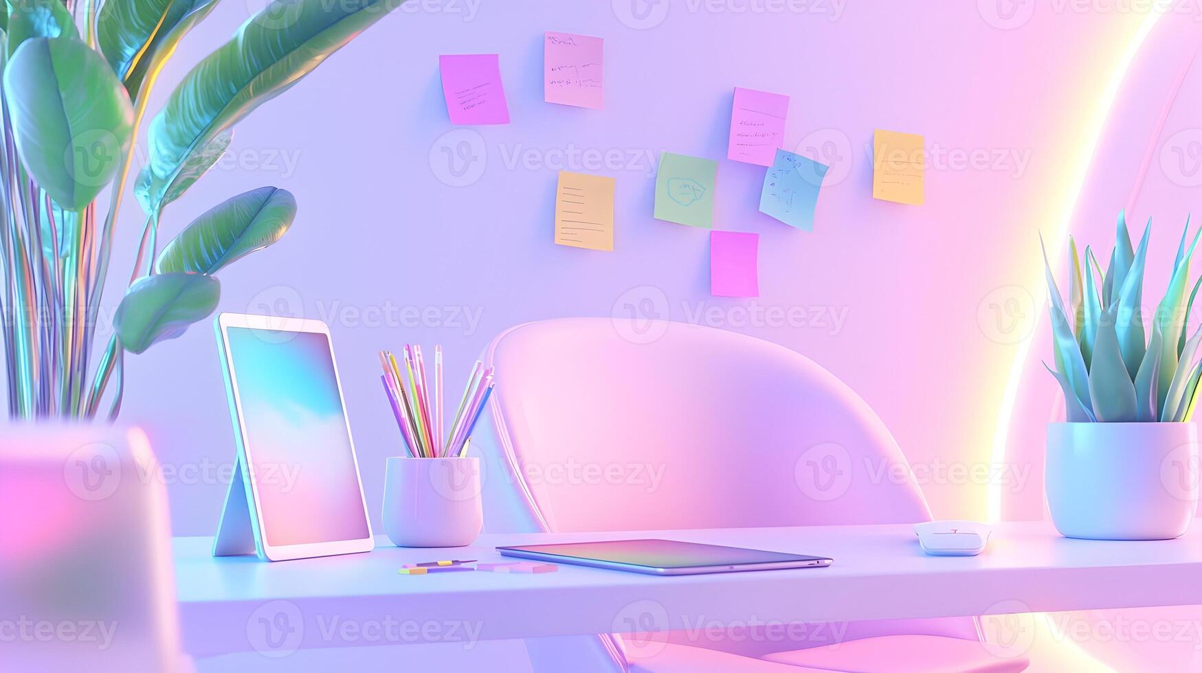 A white desk with a pink chair and a white computer photo