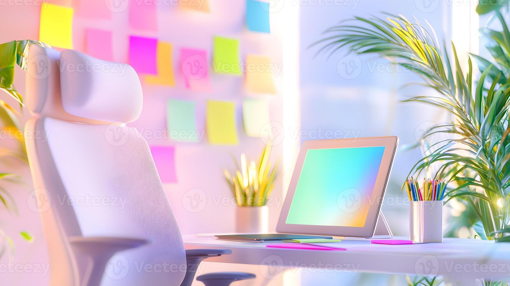 A white desk with a pink chair and a white computer photo