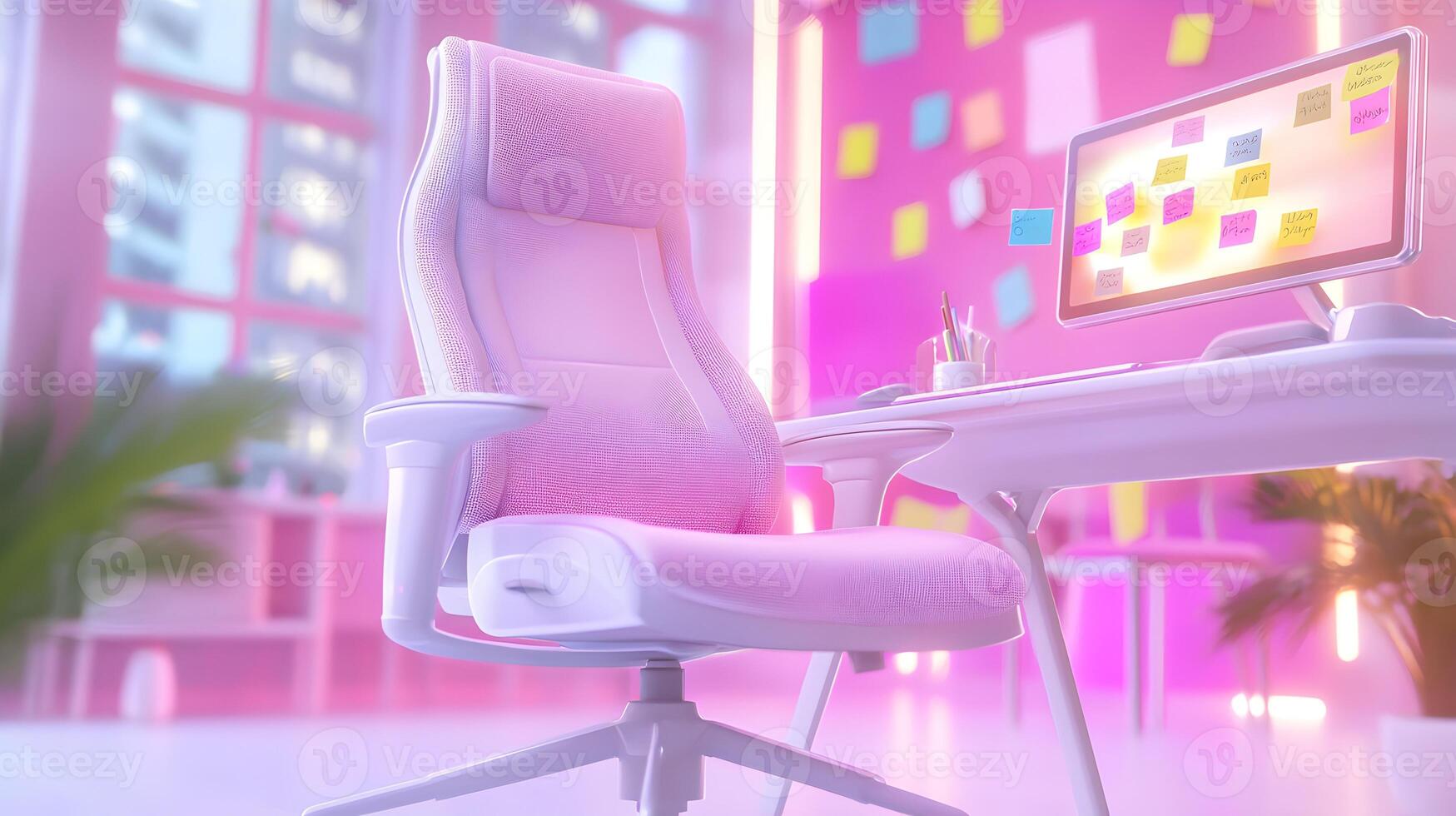 A white desk with a pink chair and a white computer photo