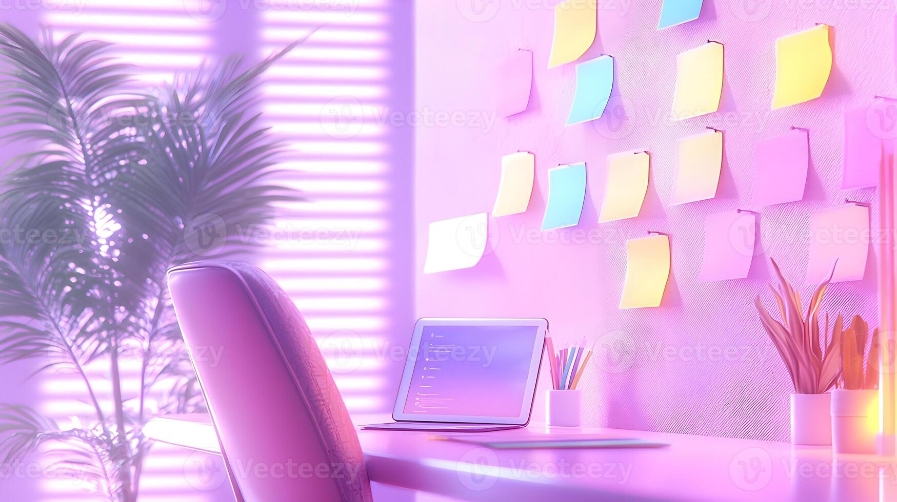 A white desk with a pink chair and a white computer photo