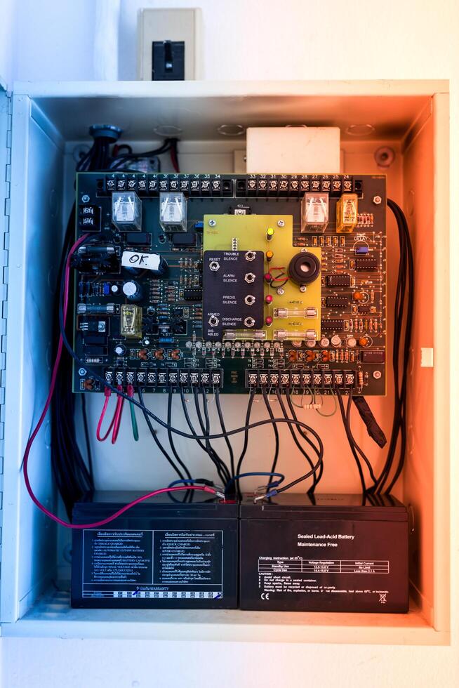 Electric outdoor fuse box in soft light photo