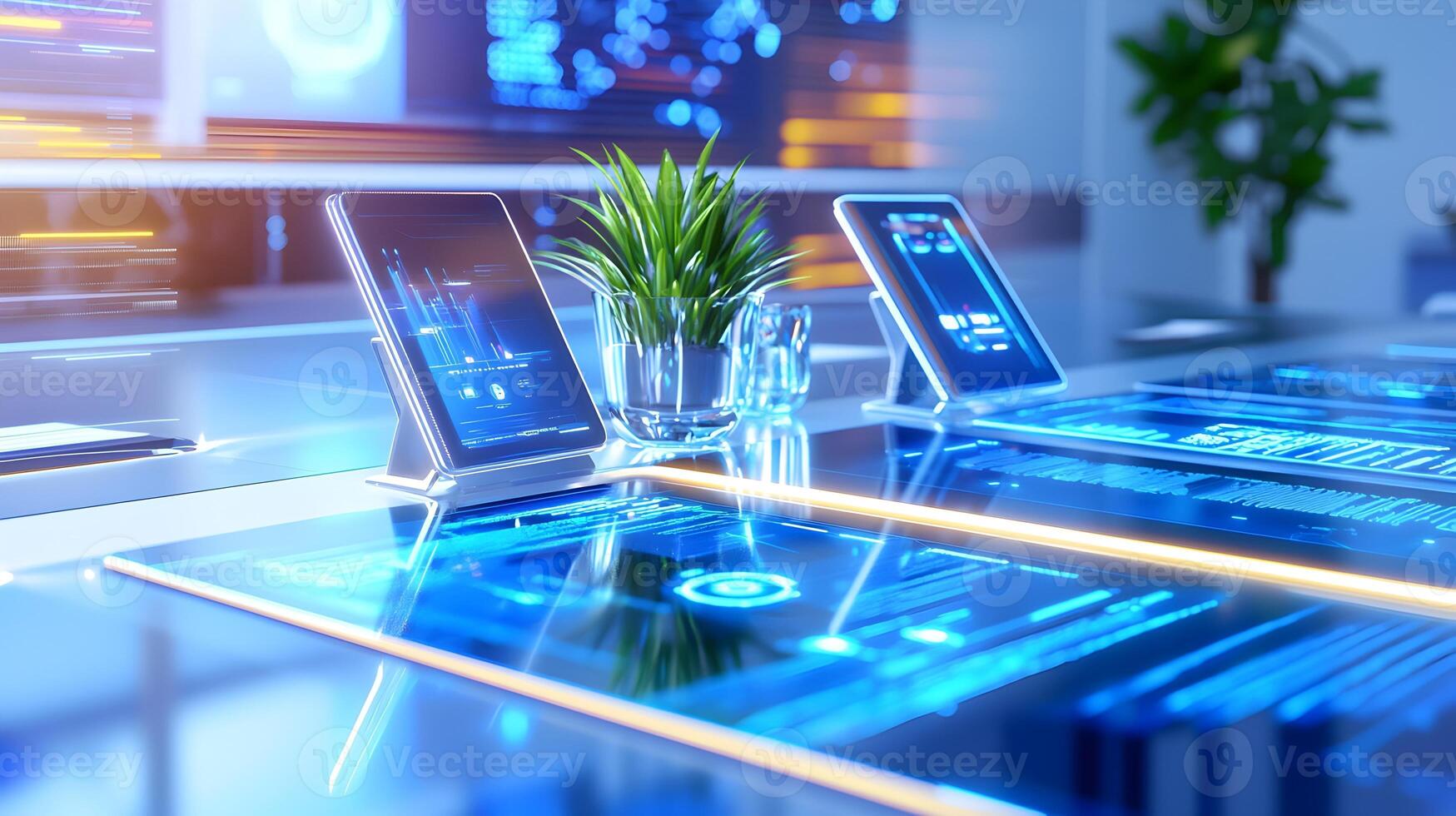 A table with a plant on it and a computer monitor photo