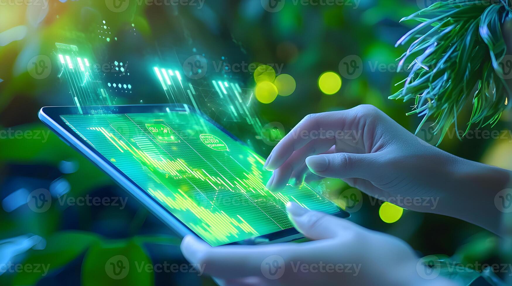 A person is pointing at a green screen with a green circle on it photo