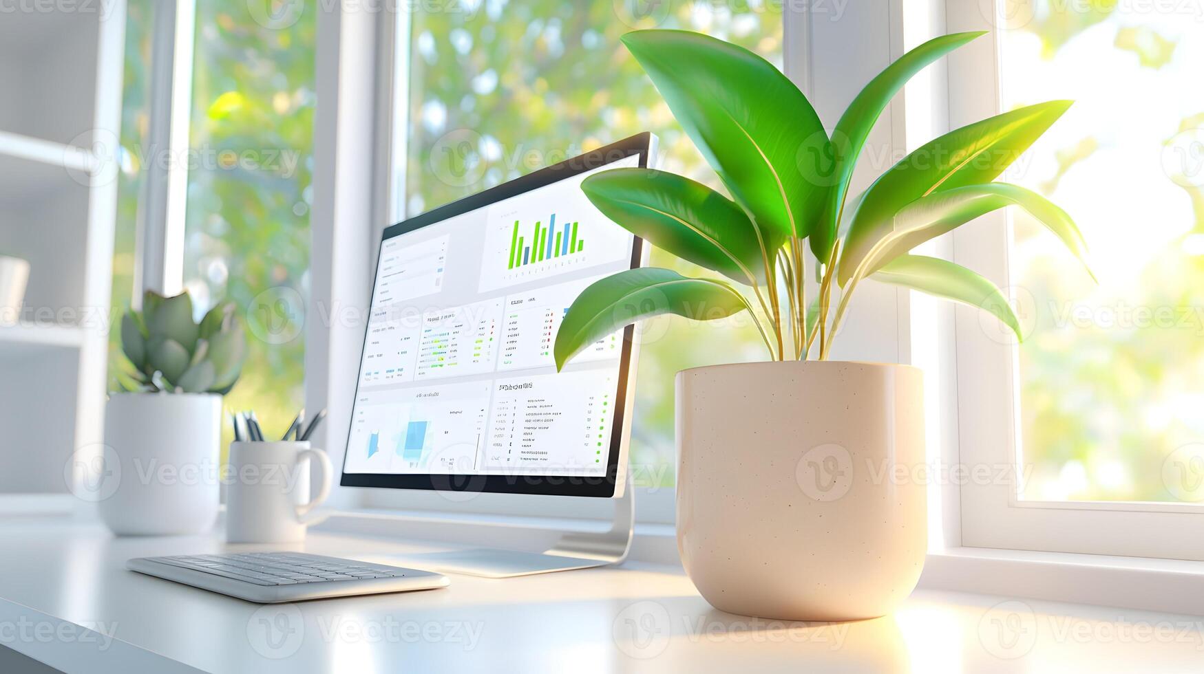 A computer monitor is on a desk with a plant next to it photo