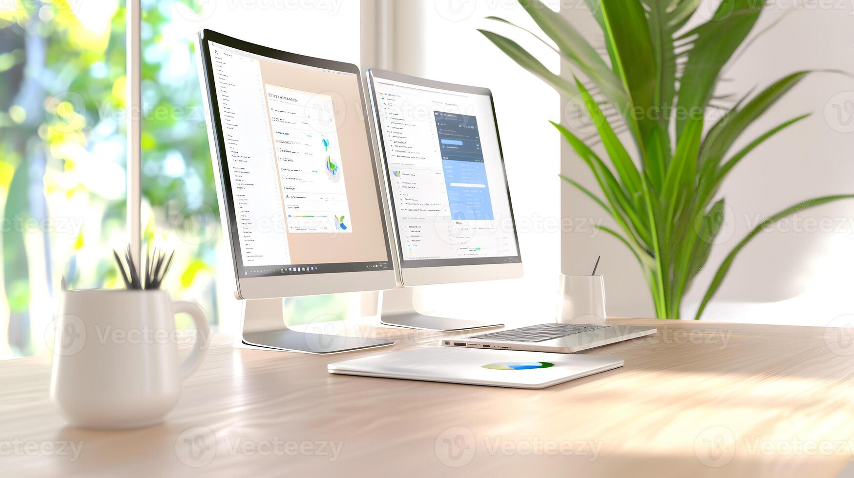 A computer monitor is on a desk with a plant next to it photo