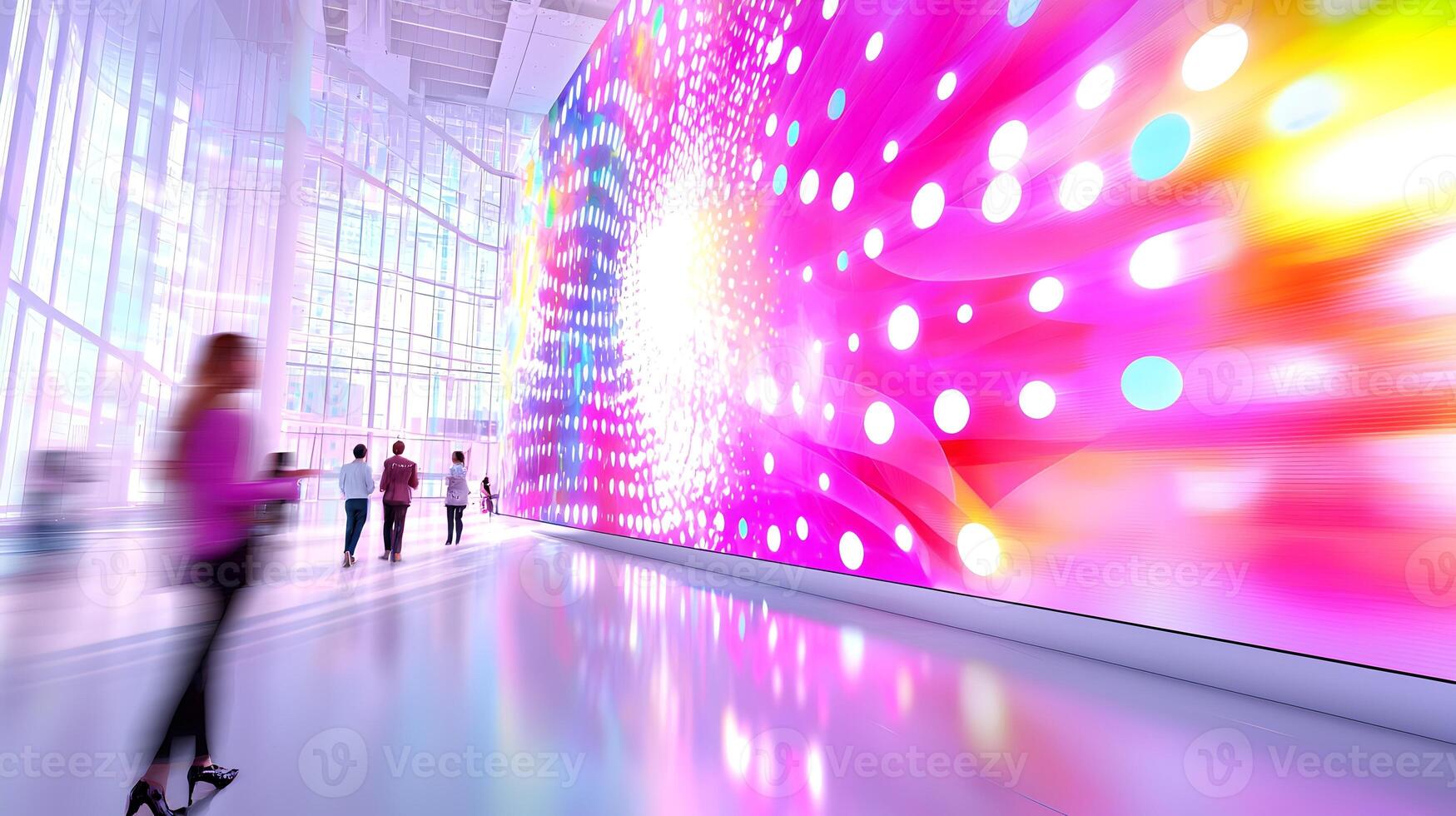 A group of people walking in a hallway with a large pink wall photo