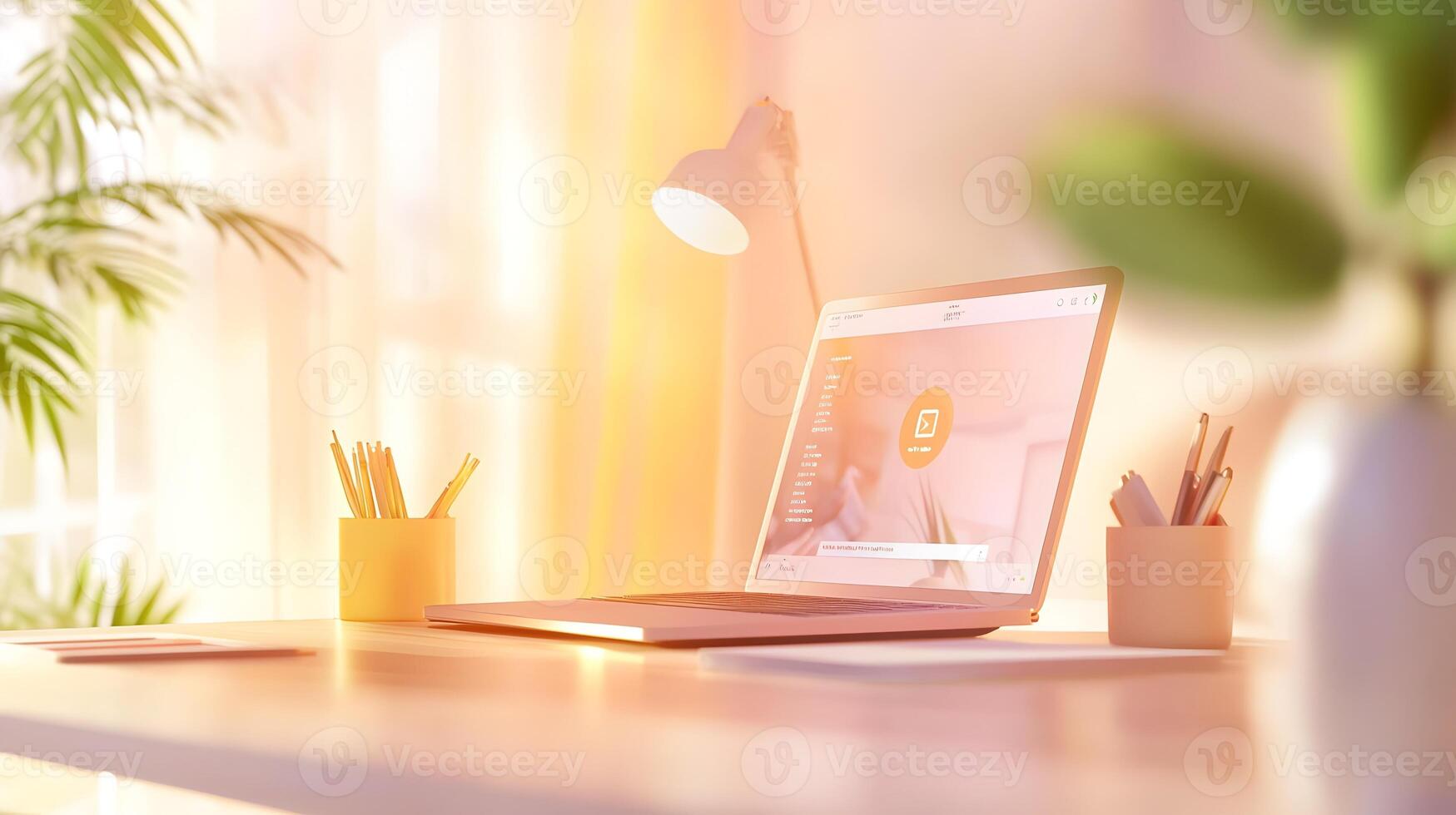 A desk with a keyboard, a cup, a pencil holder, and a book photo