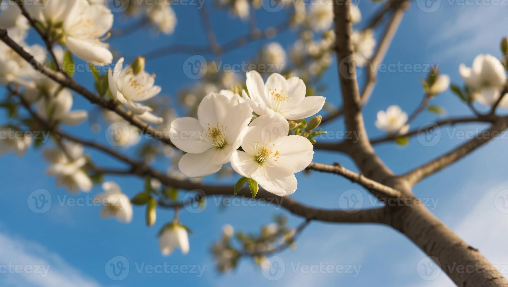 Lush white flowers bloom on tree under blue sky. photo