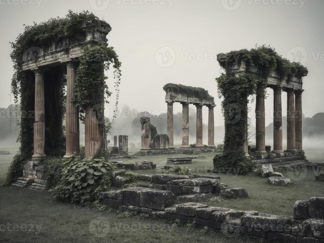 Majestic Remnants of an Ancient Ruin Surrounded by Nature's Embrace with Overgrown Vegetation and Crumbling Columns in a Serene Landscape. photo