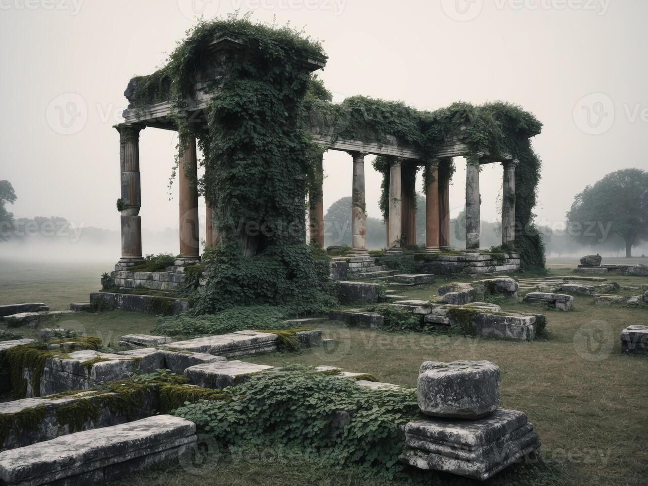 Majestic Remnants of an Ancient Ruin Surrounded by Nature's Embrace with Overgrown Vegetation and Crumbling Columns in a Serene Landscape. photo