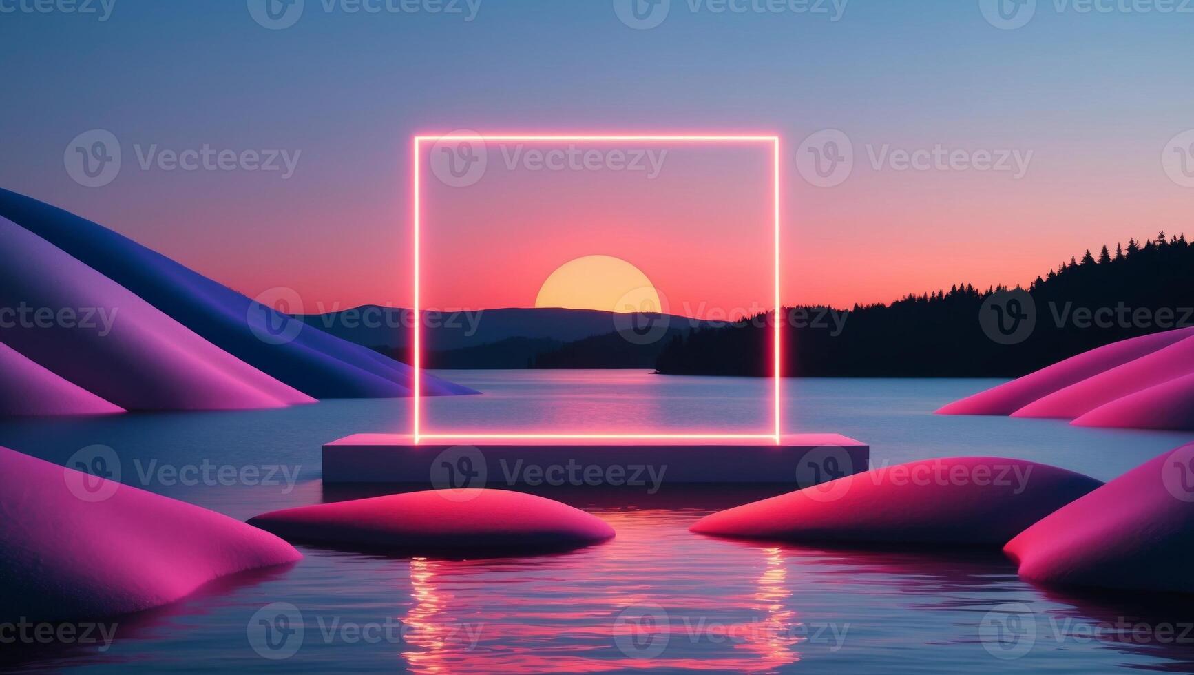 Neon Sunset Over Calm Lake with Glowing Rectangle Portal and Abstract Landscape. photo