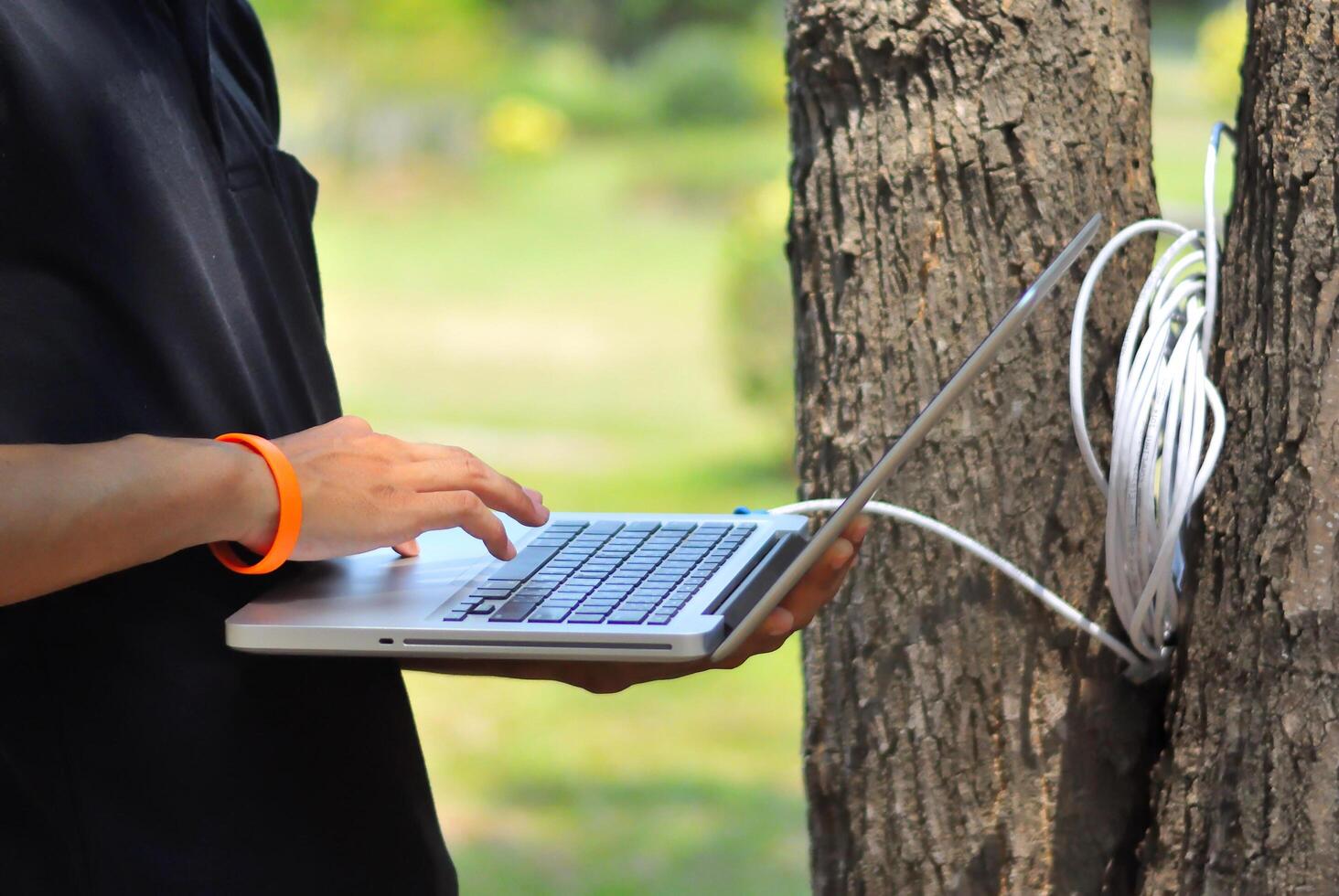 People out site with computer in nature place photo