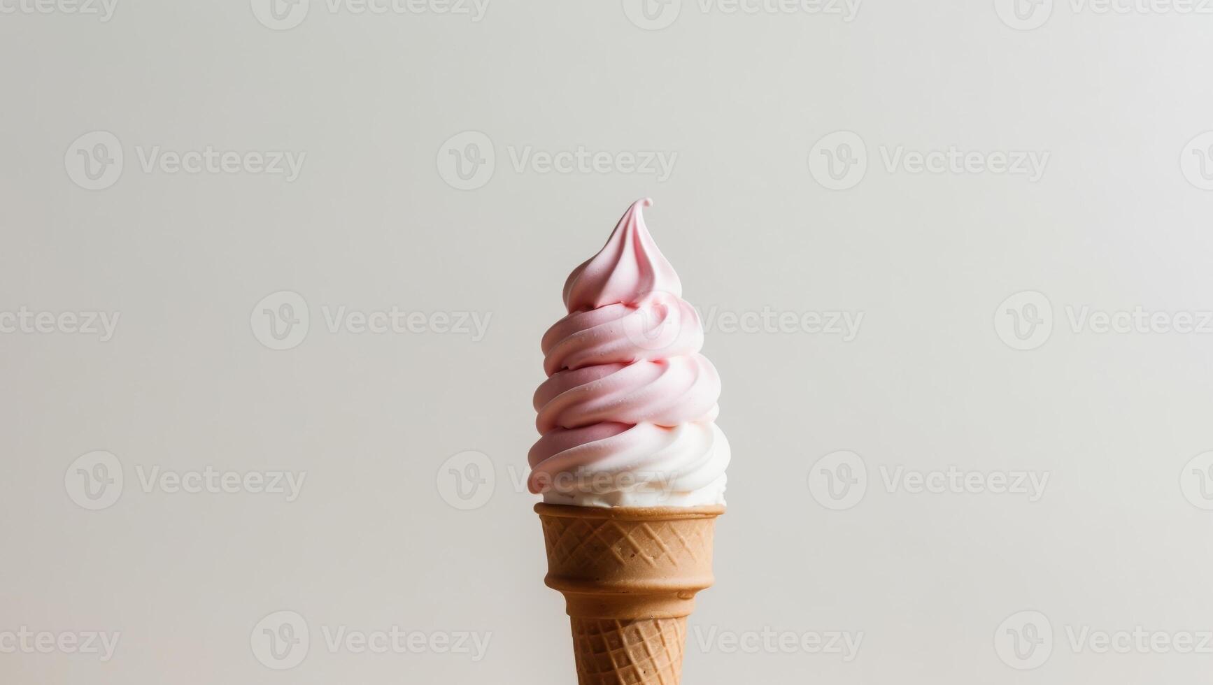 Soft serve ice cream cone with a swirl of pink. photo