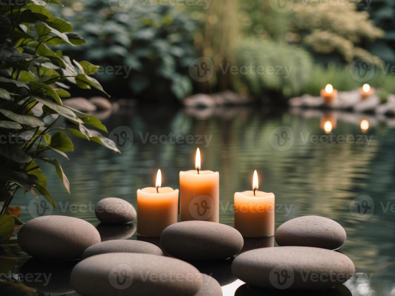 Tranquil stones with candles in a serene pond setting. photo