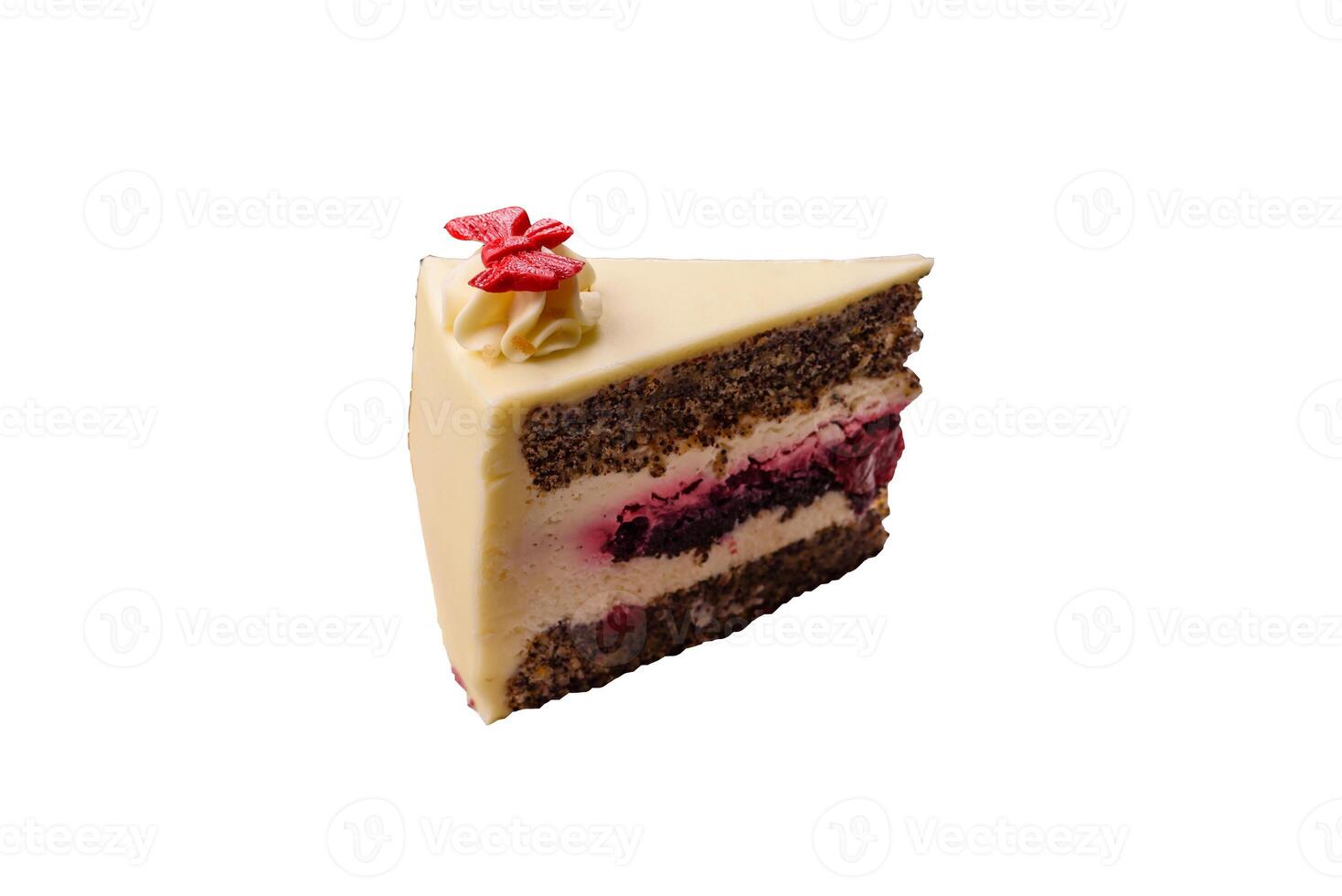 Piece of sweet layered cheesecake with cherries and poppy seeds photo