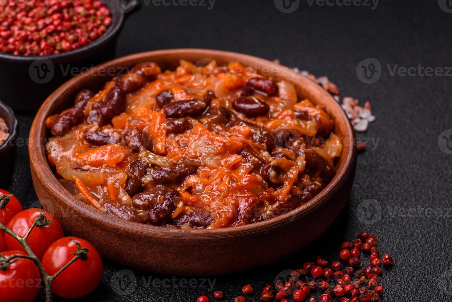 Vegan or vegetarian stew with red beans, onions and carrots or lobio photo