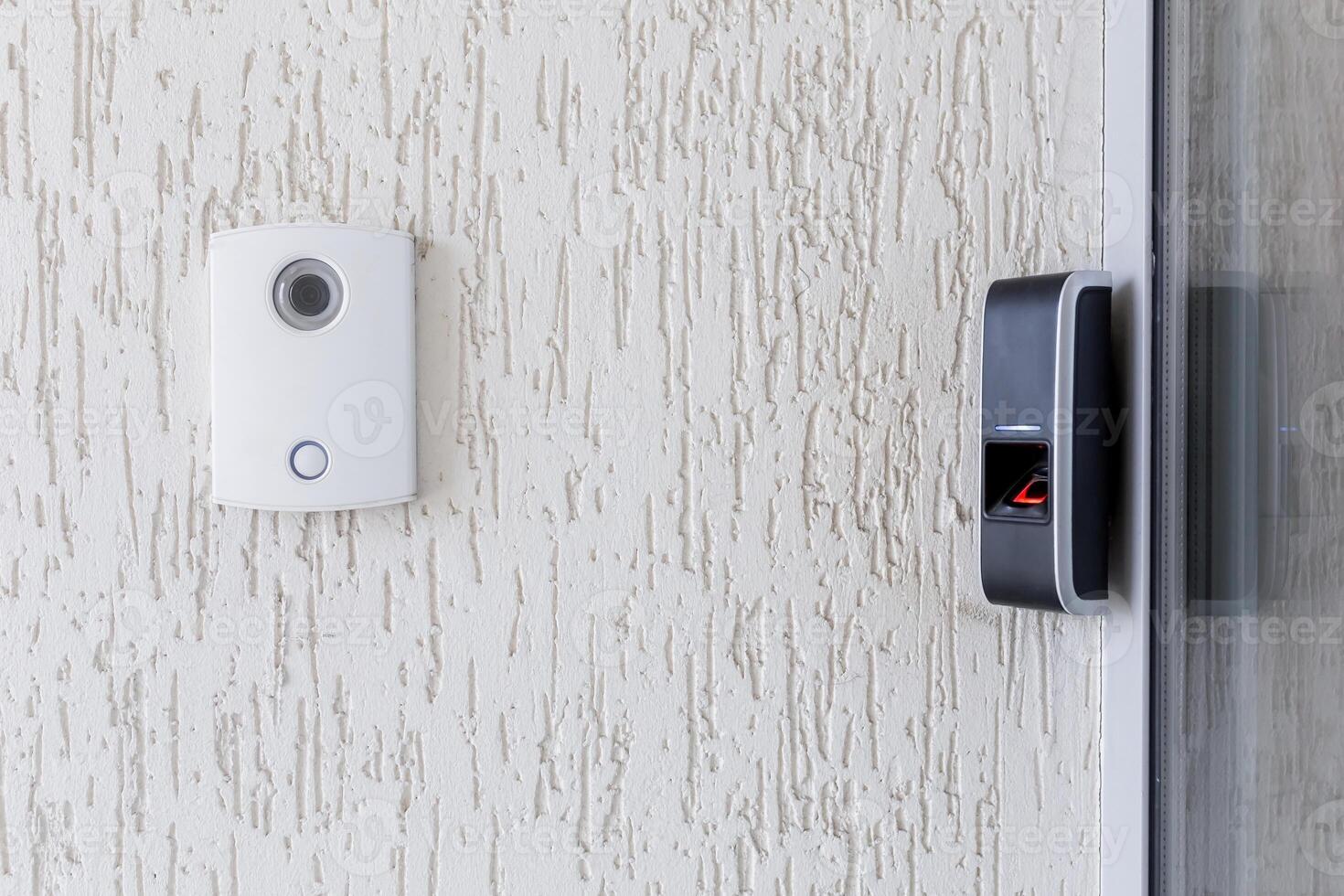 Door lock on door with fingerprint sensor, entrance to modern office and home. photo