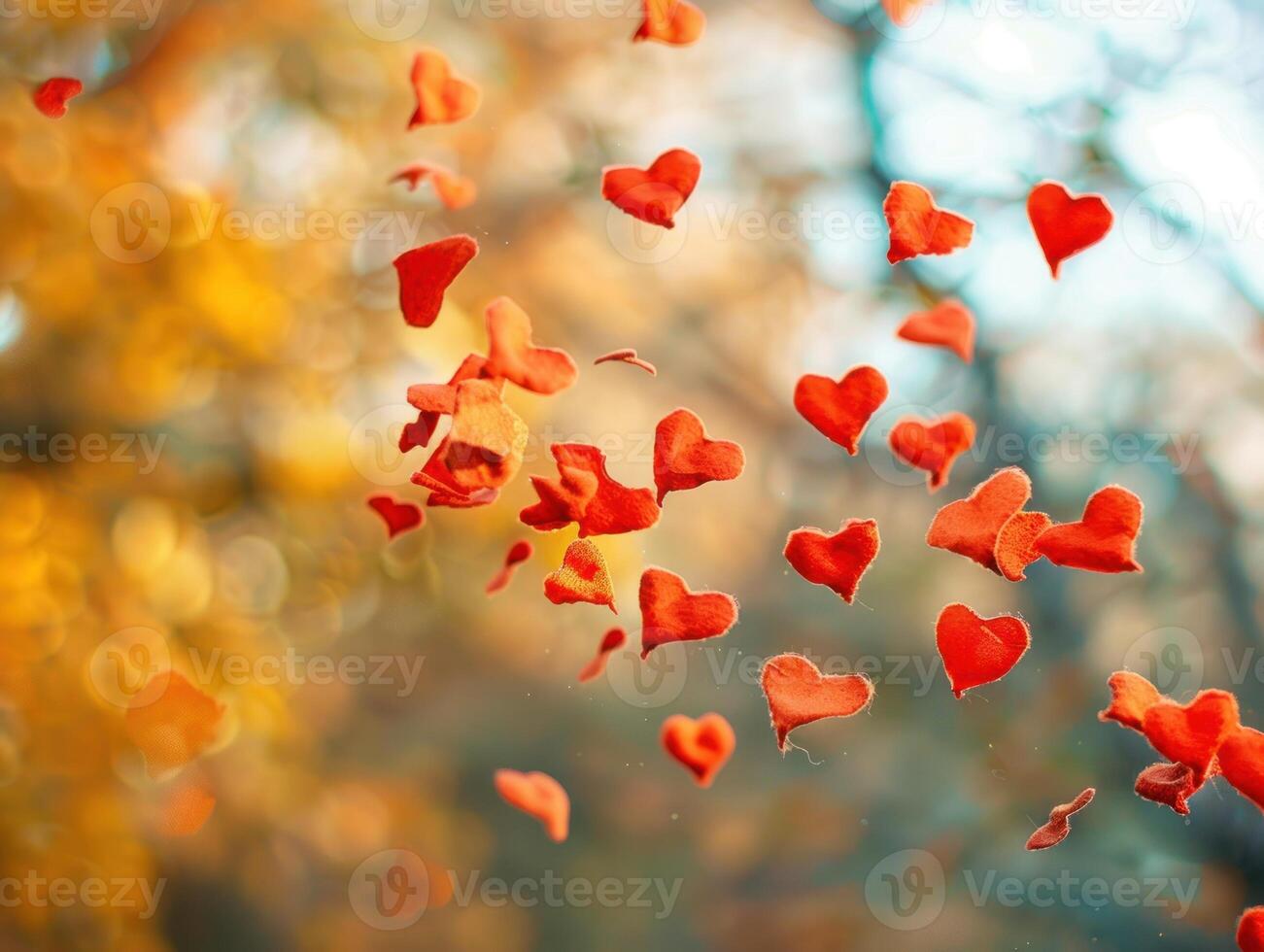 Red hearts falling through autumn bokeh. photo