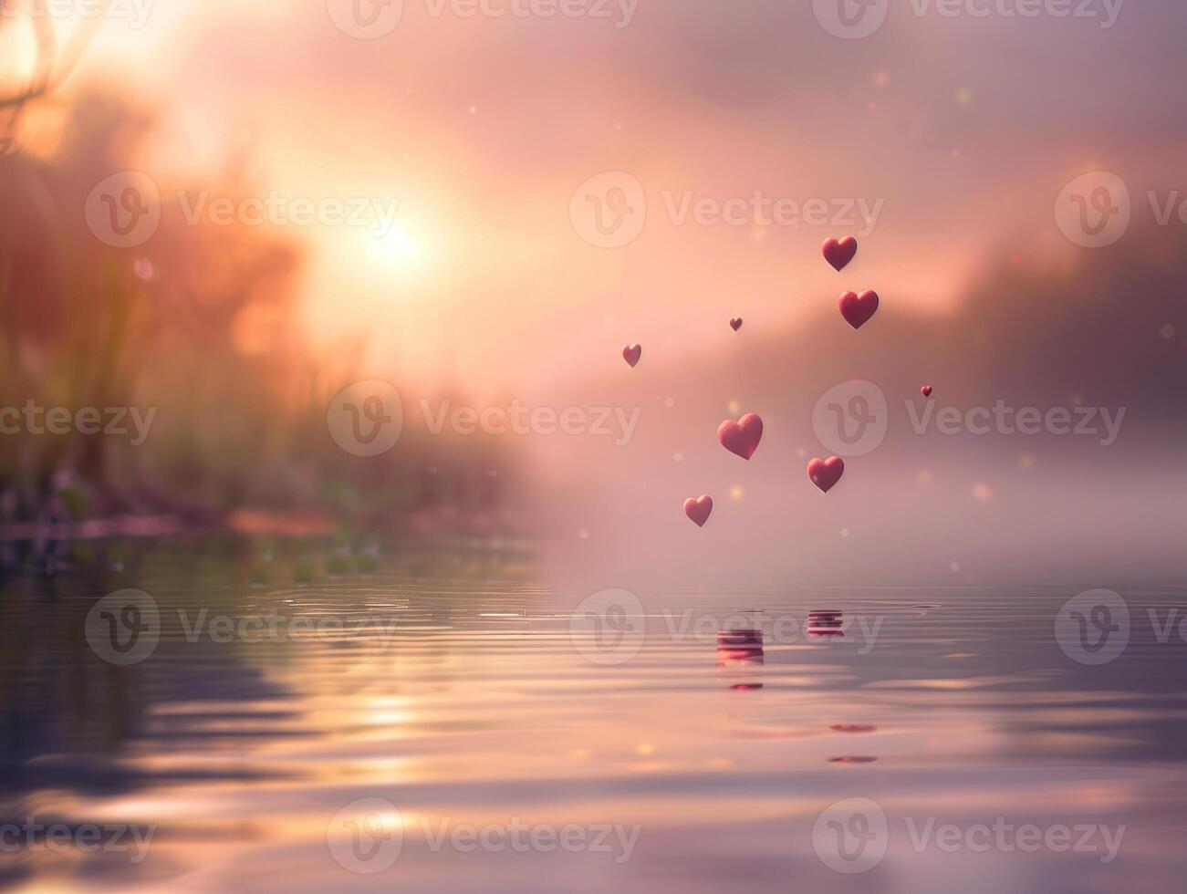 Romantic sunset scene with hearts floating over calm water. photo