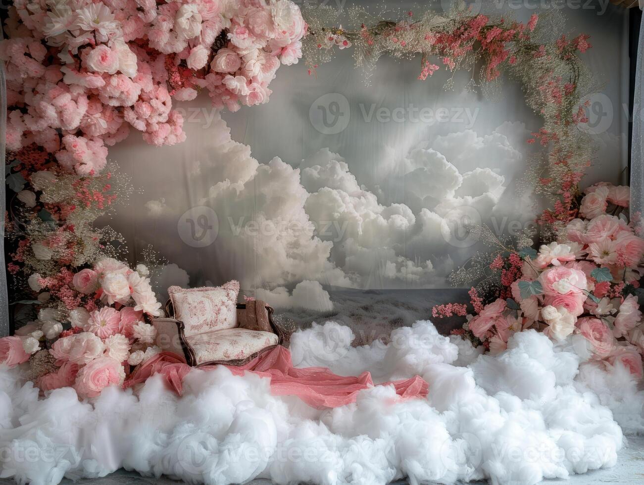 Pink floral backdrop with clouds, chair, and fabric. photo