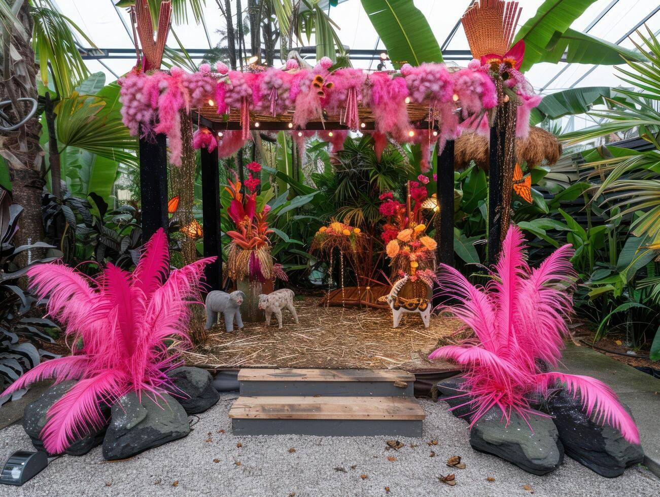 Tropical wedding altar with pink feathers, flowers, and figurines in a greenhouse. photo