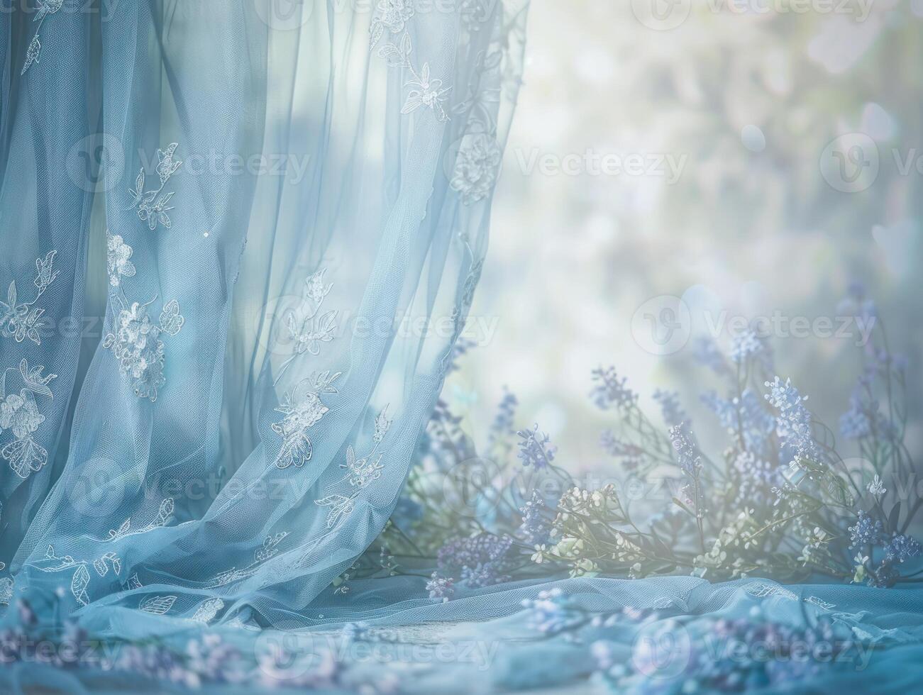 Sheer blue curtain with flowers, soft light. photo