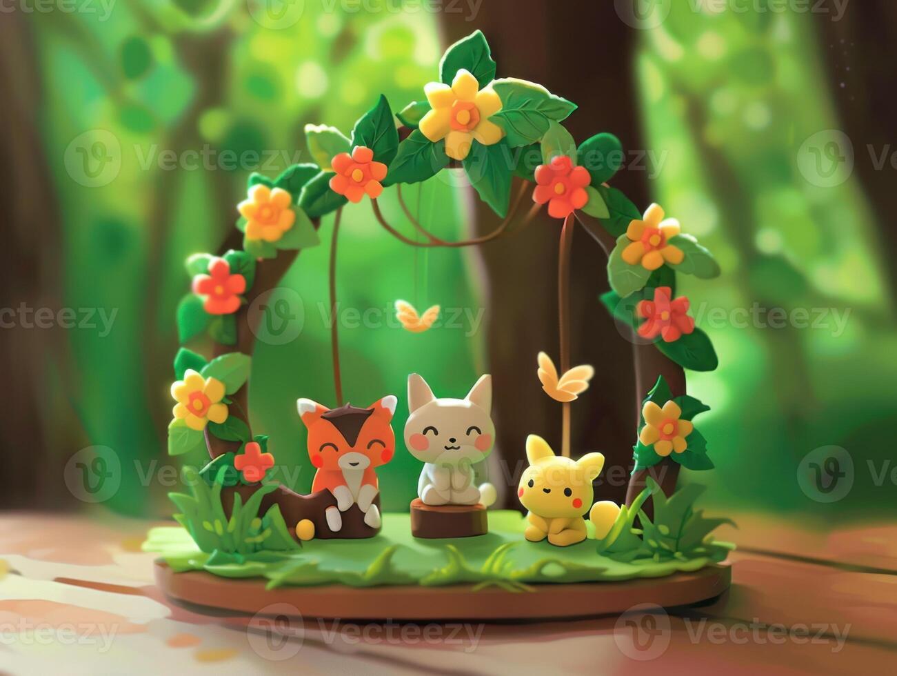 Cute fox, cat, and pikachu figurines under a floral archway in a forest setting. photo