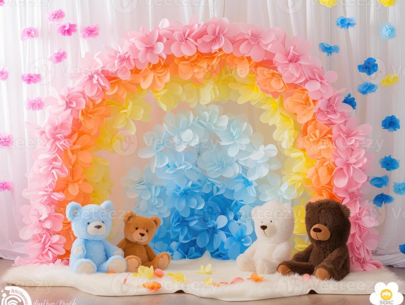 Rainbow backdrop with teddy bears for photoshoot. photo