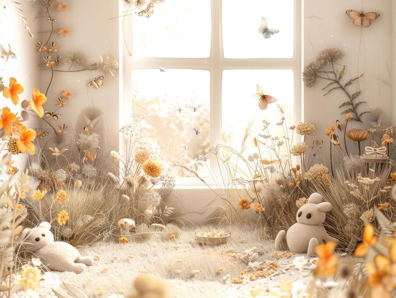 Sunlit room with dried flowers, plush toys, and butterflies. photo