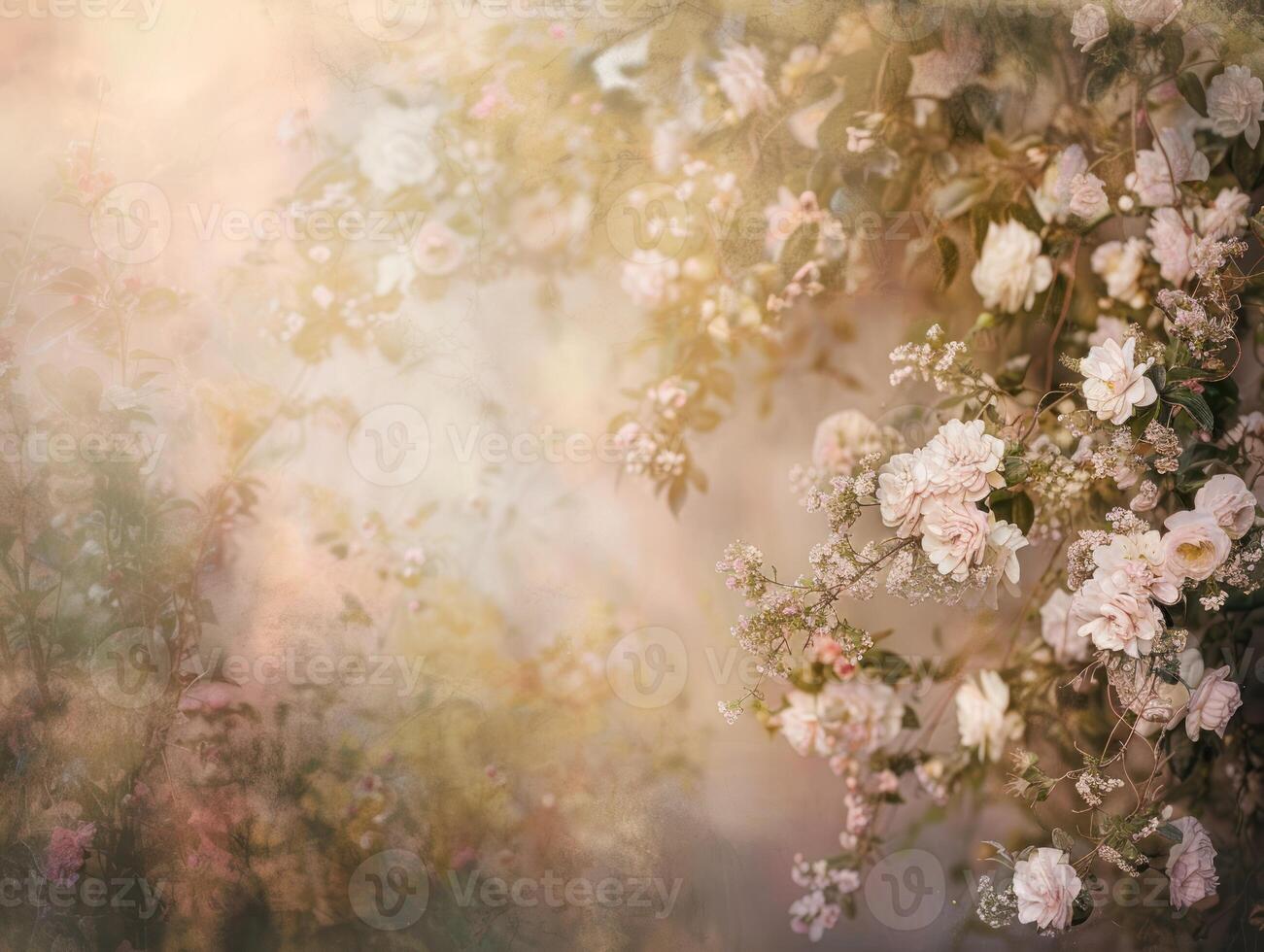 Romantic floral backdrop with pastel roses and soft lighting. photo