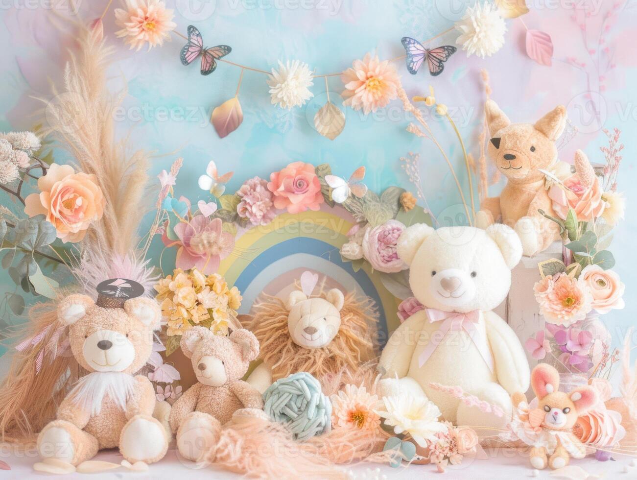 Pastel teddy bears, flowers, rainbow backdrop. photo