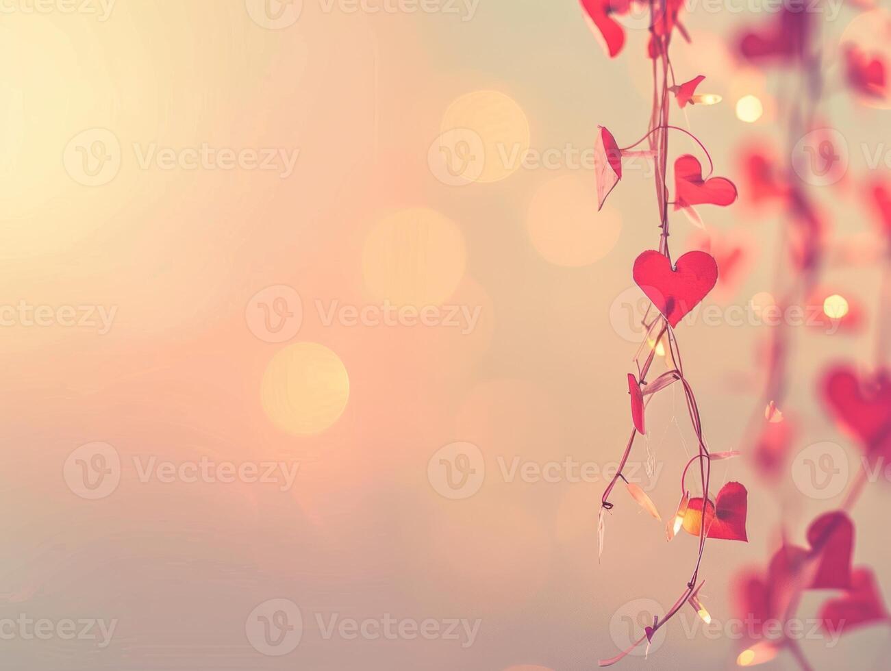 Romantic red heart string lights against blurred sunset. photo