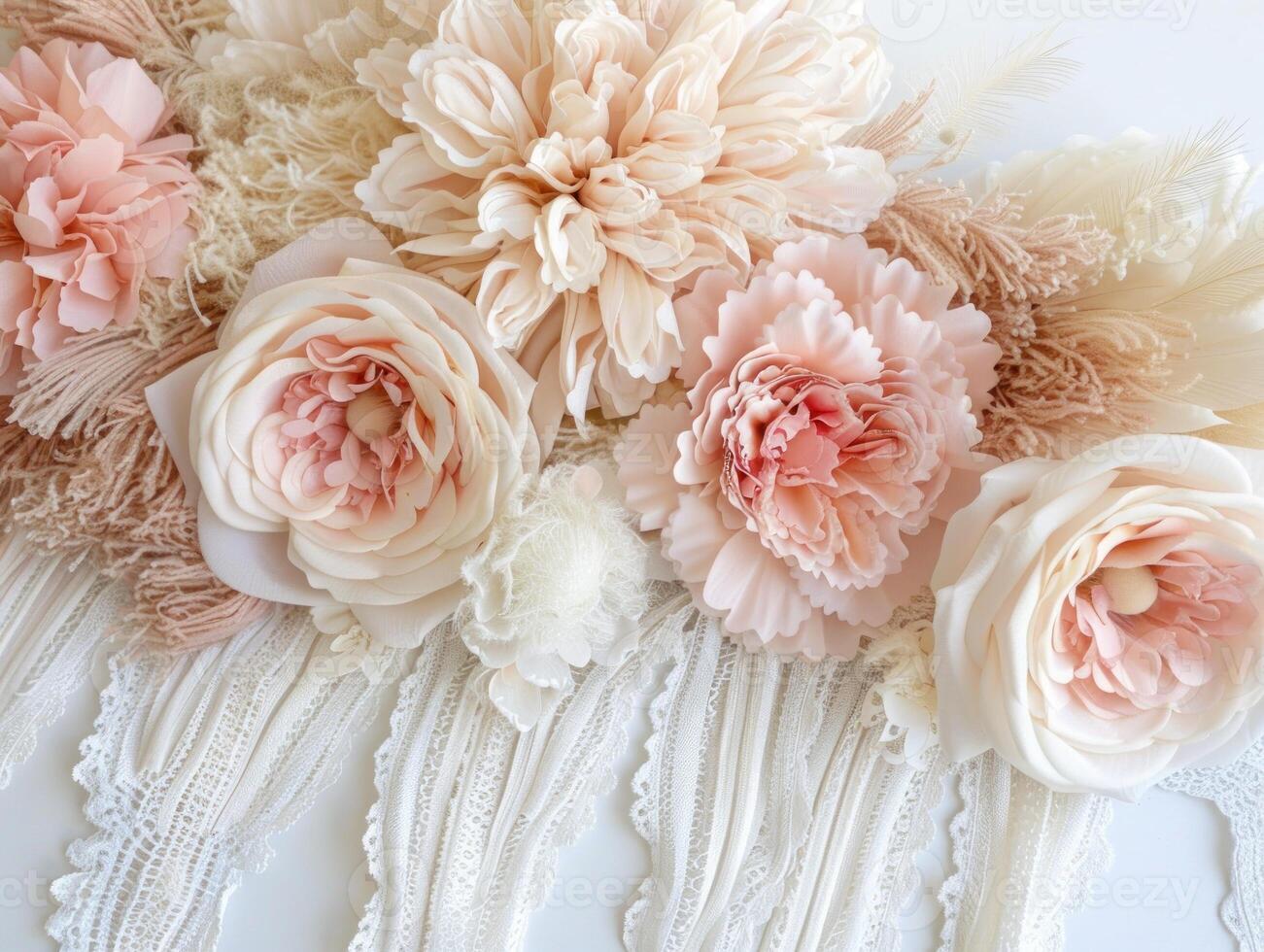 Elegant blush pink and cream paper flowers and lace backdrop. photo