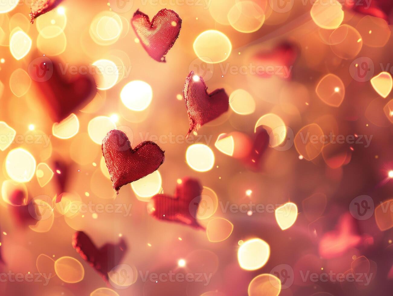 Red hearts falling on golden bokeh background. photo