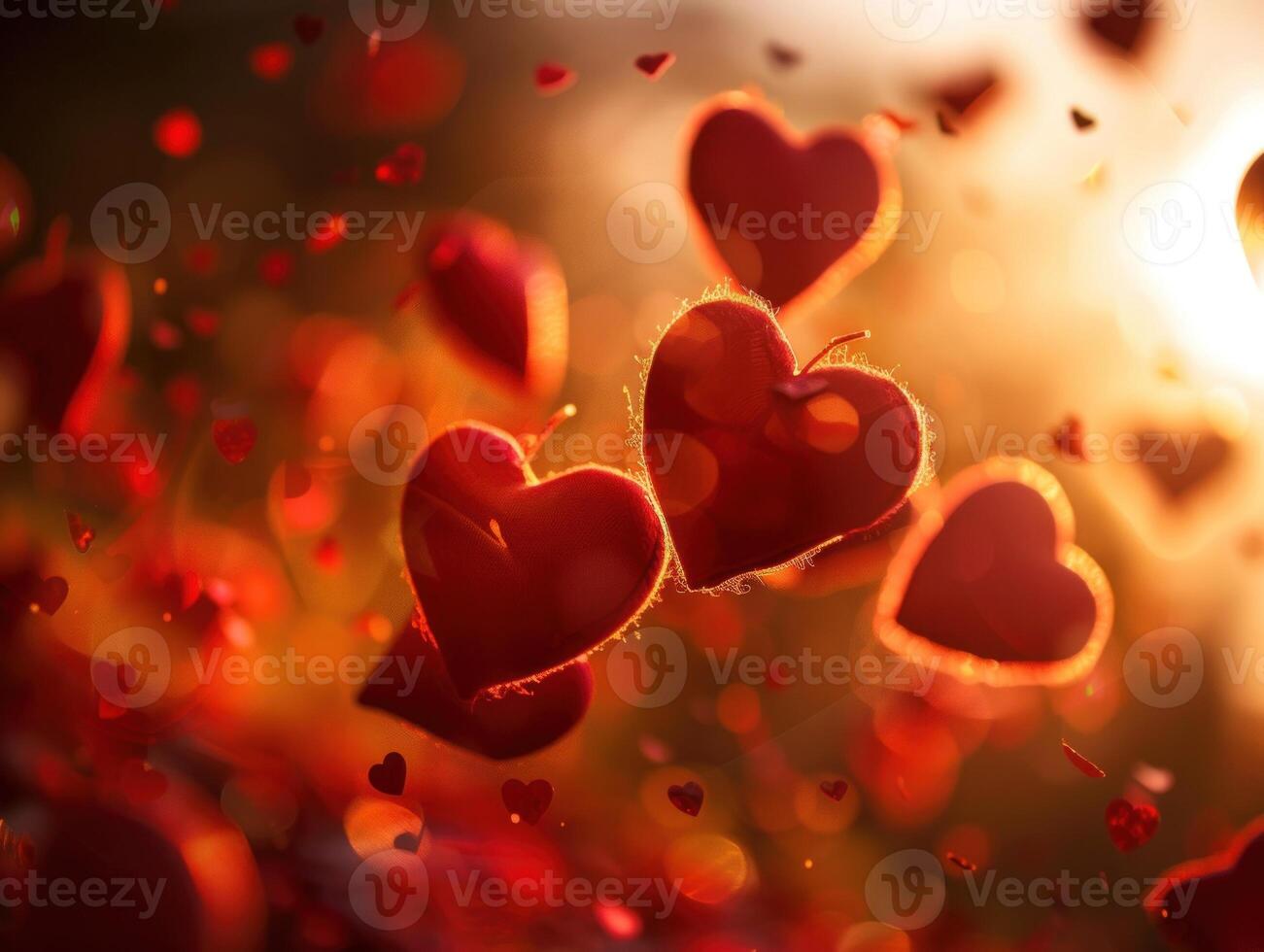 Red hearts floating in sunset bokeh. photo