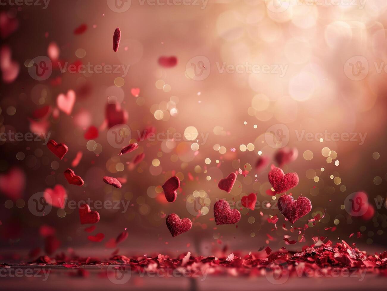 Falling red hearts bokeh background. photo