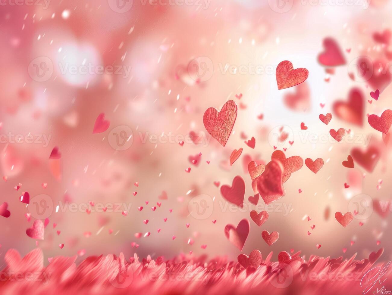 Falling hearts on bokeh background. photo