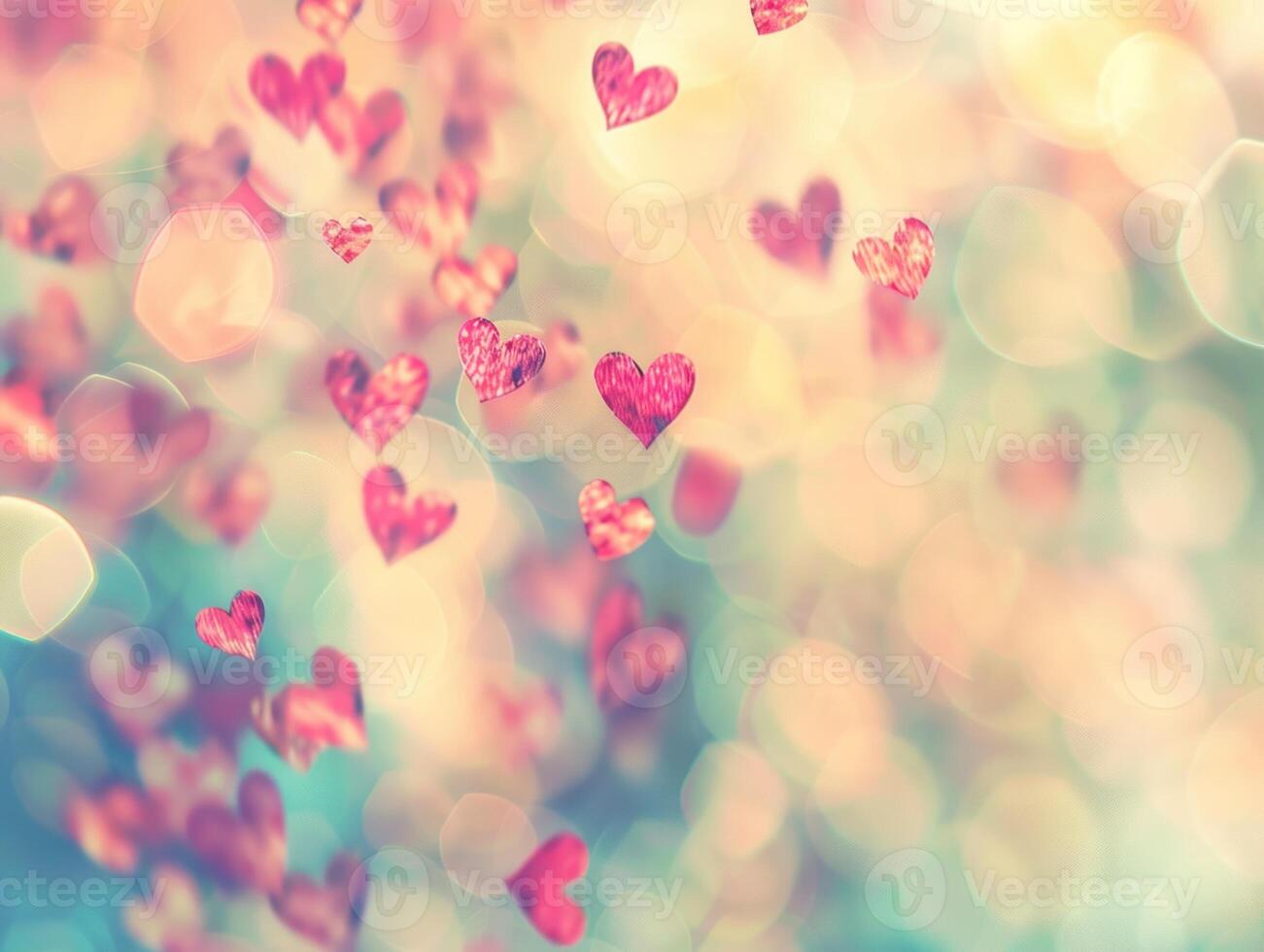 Sparkling red hearts falling on a bokeh background. photo