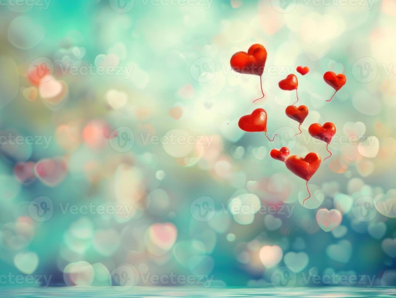 Red heart balloons float on a bokeh background. photo