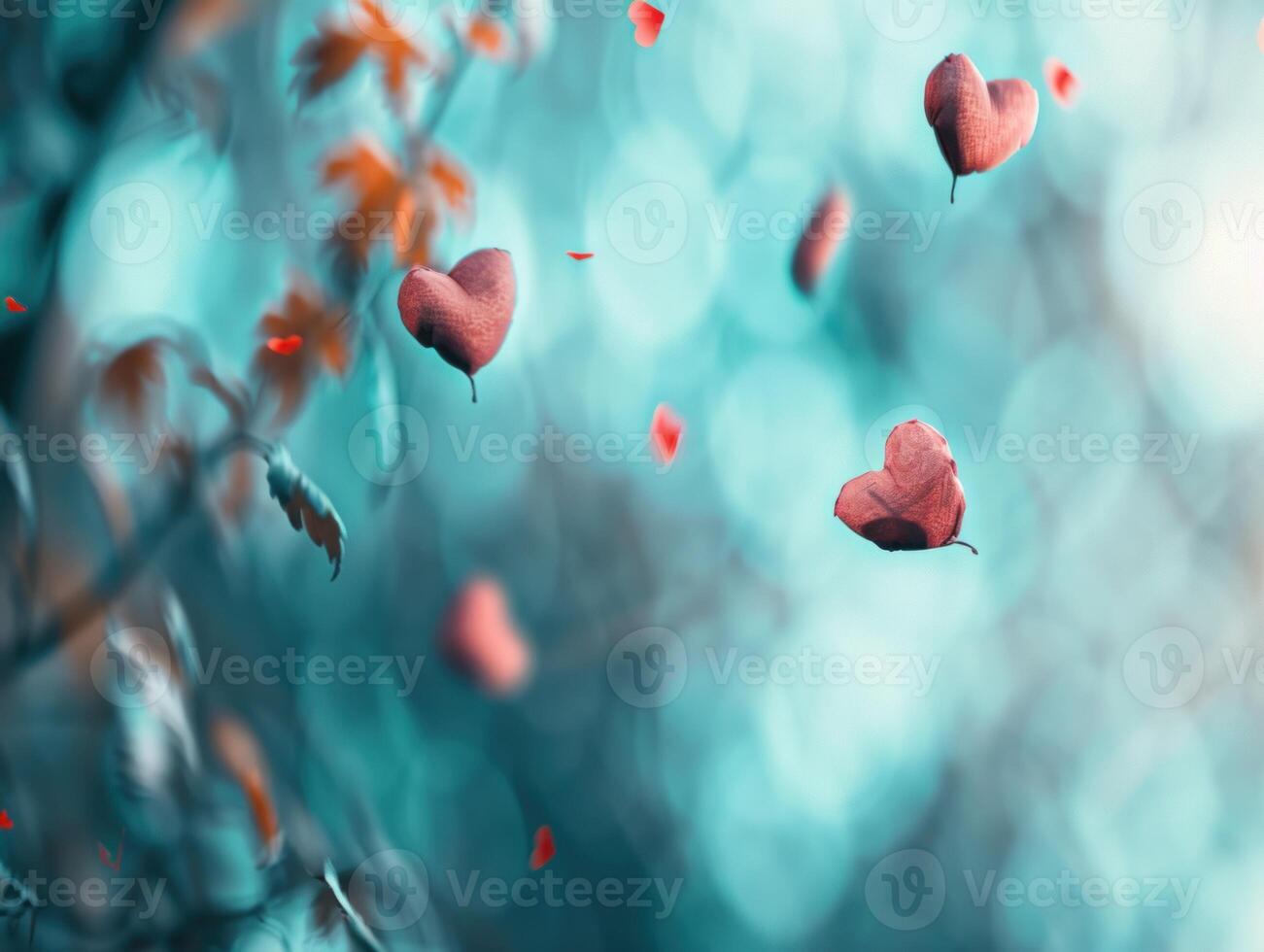 Falling heart-shaped petals in soft teal bokeh. photo