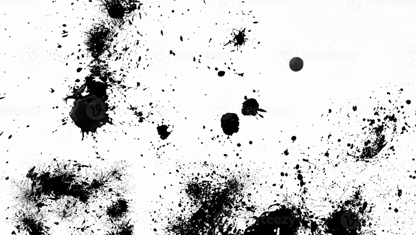 Abstract black ink splatter texture isolated on a clean white background, perfect for artistic and design use. photo