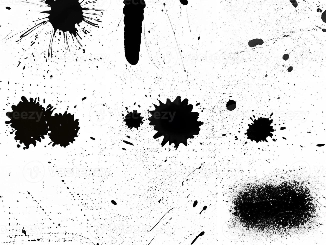 Black ink splatter and grunge texture on a white background, perfect for design overlays or artistic effects. photo