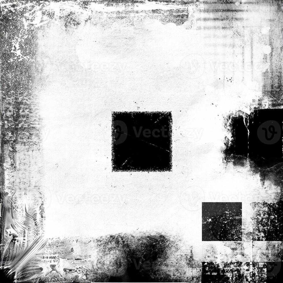 Distressed black and white grunge texture with a rough border, ideal for backgrounds, overlays, or vintage designs. photo