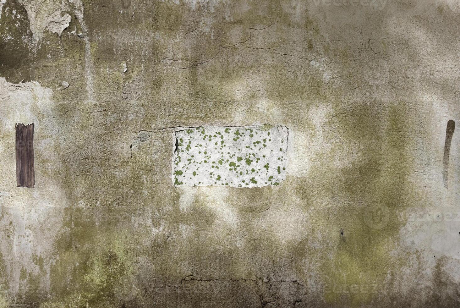 Close-up of a weathered wall surface with mossy green stains and a grungy texture, perfect for backgrounds or overlays. photo